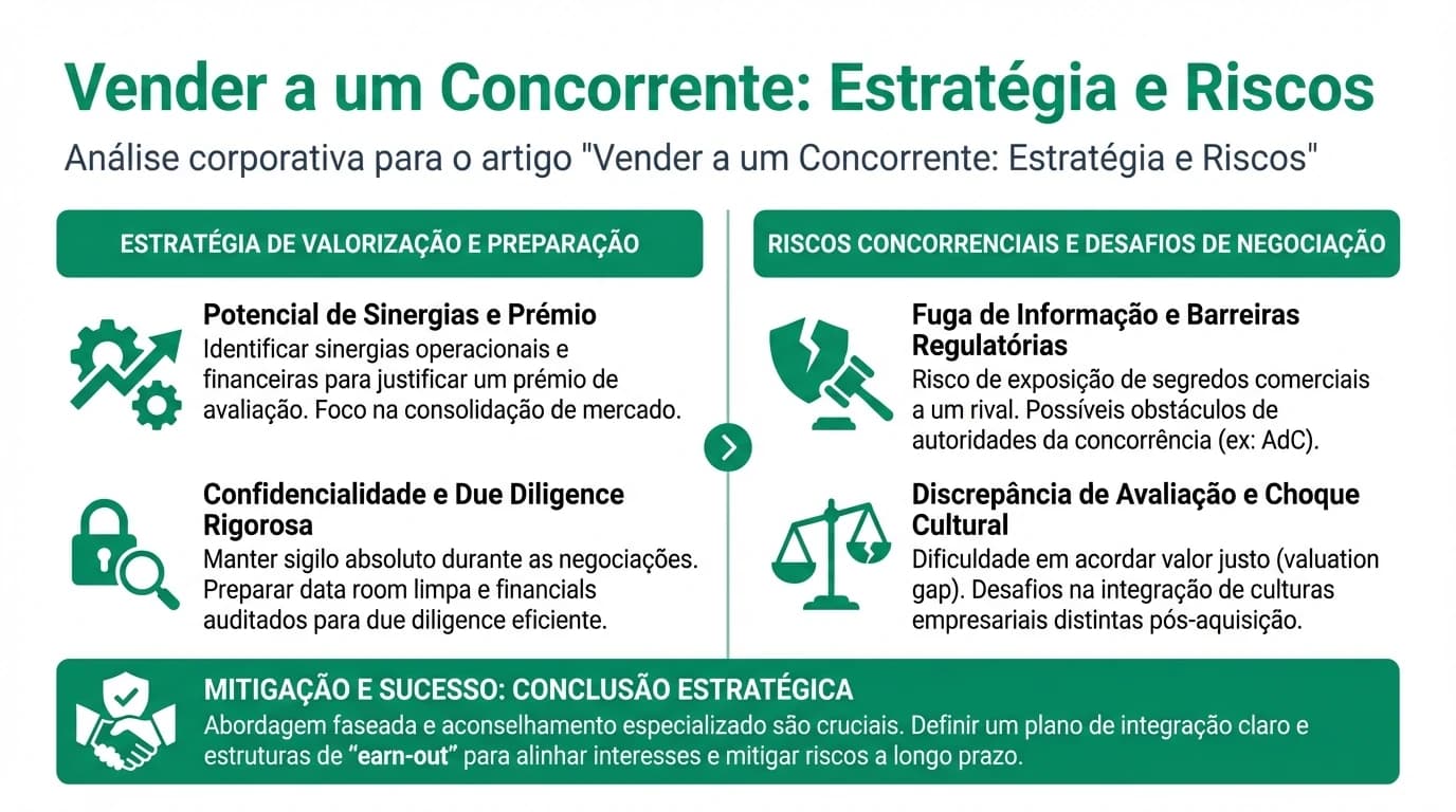 Infográfico sobre venda a concorrente: vantagens, riscos, confidencialidade e estratégia para maximizar valor em Portugal.