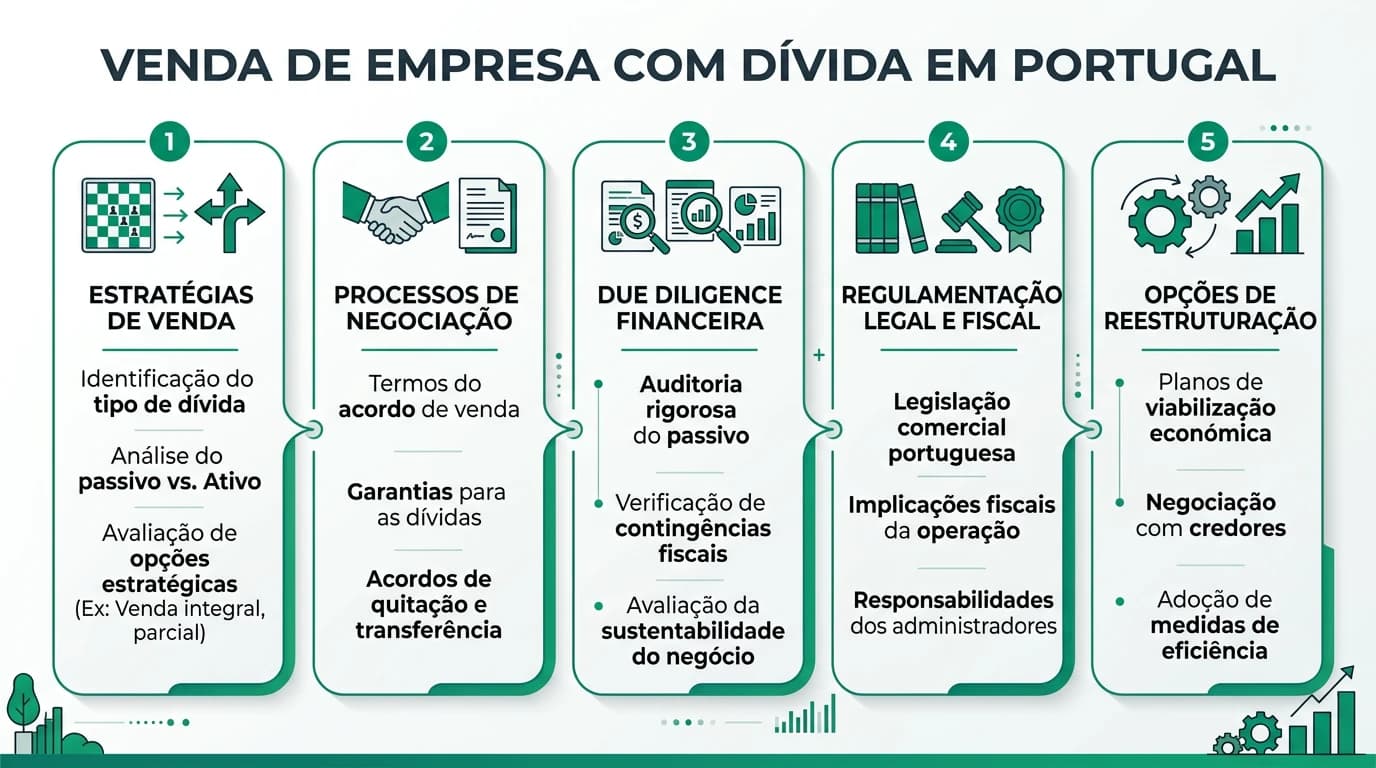 Infográfico sobre como vender uma empresa com dívidas em Portugal: estrutura enterprise vs equity, acordo com bancos e Autoridade Tributária, opções de trespasse e cessão de quotas.