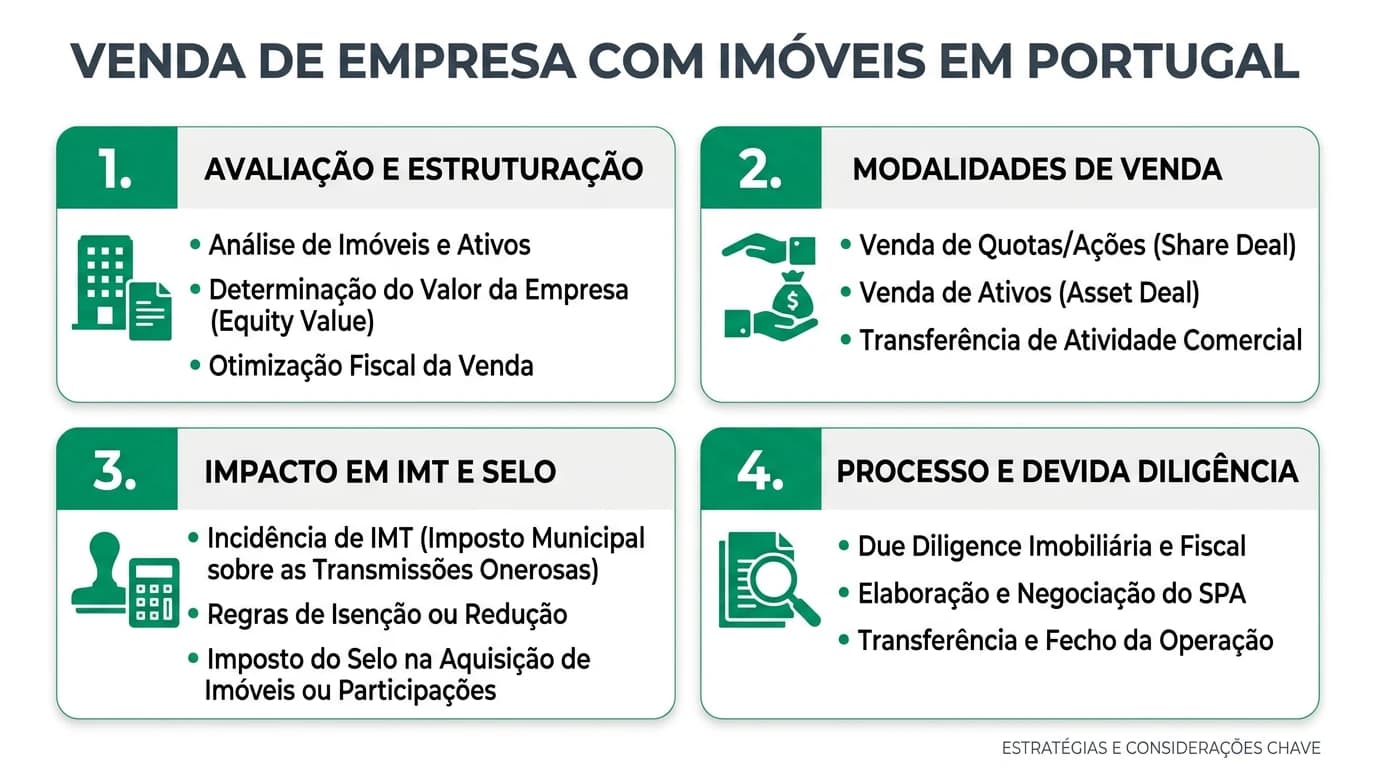 Infográfico sobre venda de empresa com imóveis: IMT, Imposto de Selo, cessão vs trespasse e opções fiscais em Portugal.