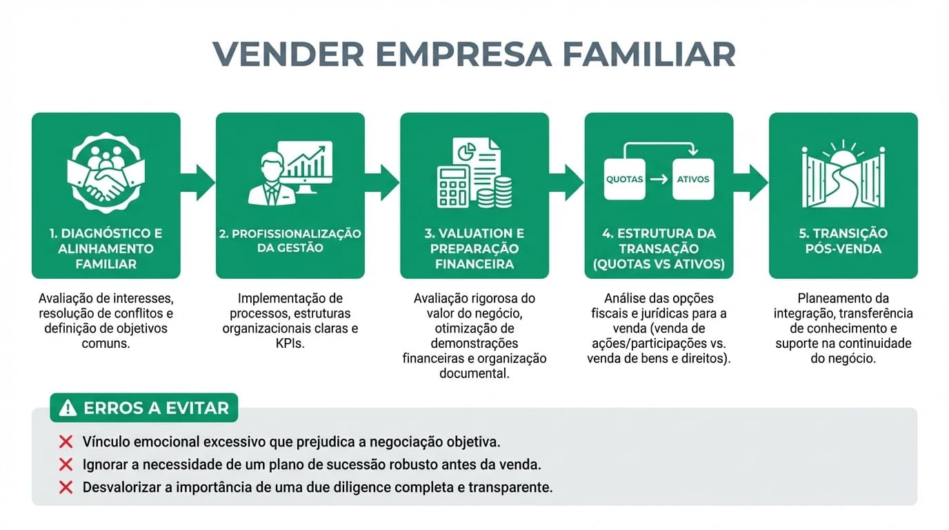 Infografico 16:9 com cinco passos para vender empresa familiar em Portugal: diagnostico e alinhamento entre socios, profissionalizacao da gestao, valuation, estrutura da transacao e transicao pos-venda, com erros a evitar.