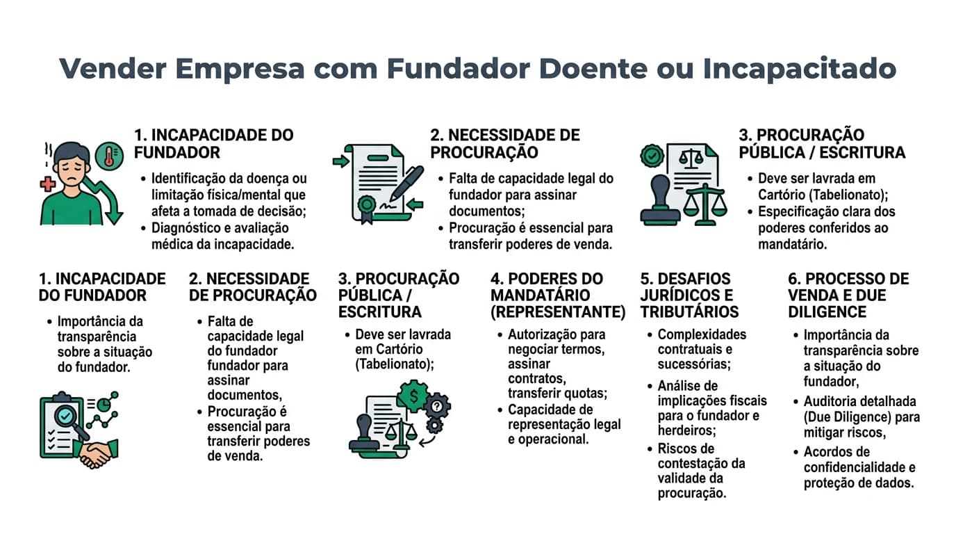 Infográfico sobre venda de empresa com fundador doente ou incapacitado.