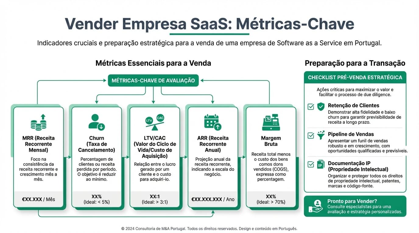 Infográfico com métricas-chave para vender uma empresa SaaS: MRR, ARR, churn, LTV/CAC e margem bruta, além de checklist pré-venda.