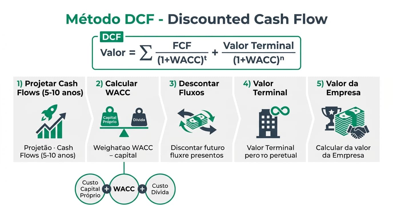 Infográfico detalhado do método DCF de avaliação de empresas, mostrando as etapas de projeção de cash flows, cálculo do WACC, valor terminal e análise de sensibilidade para PMEs em Portugal