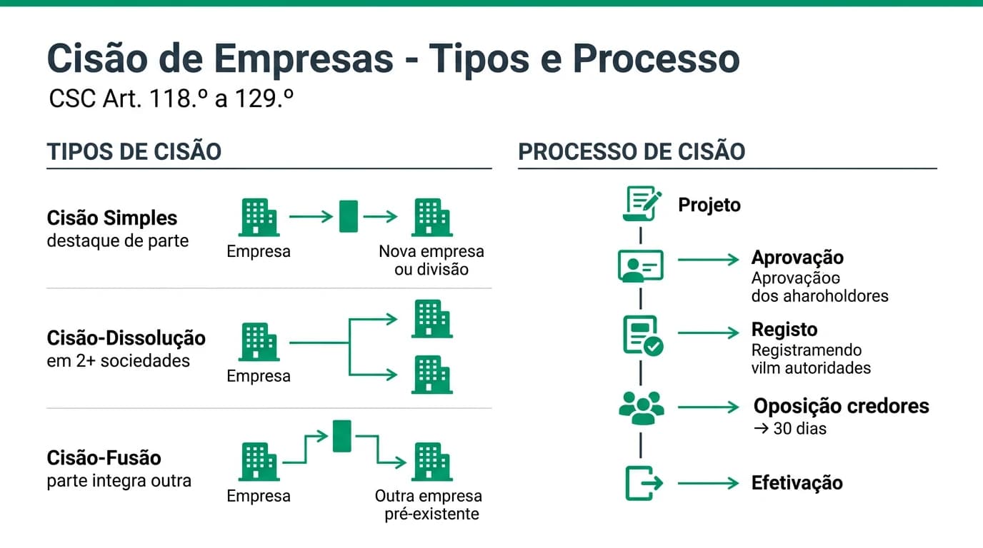 Infográfico profissional ilustrando os três tipos de cisão de empresas em Portugal — cisão simples, cisão-dissolução e cisão-fusão — com representação visual do processo legal, prazos e fluxo de ativos e passivos entre sociedades