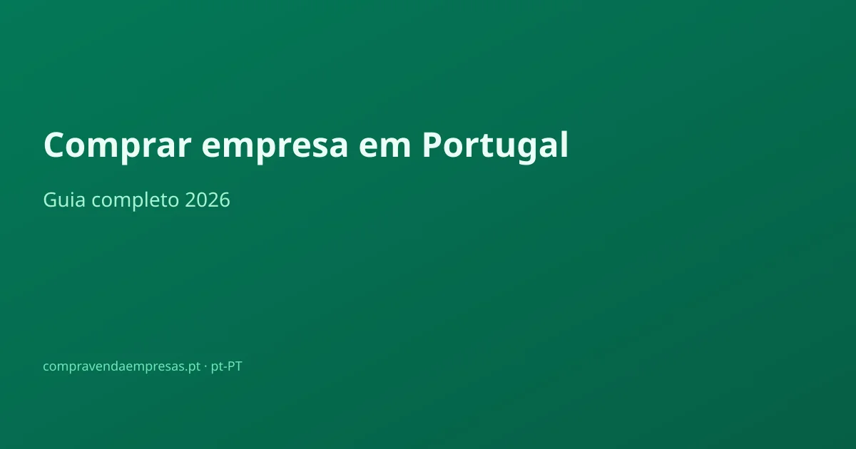 Infográfico em português sobre como comprar uma empresa em Portugal: sete fases buy-side (tese, sourcing, valuation, financiamento, LOI, due diligence, fecho e integração) com prazos indicativos para PME.