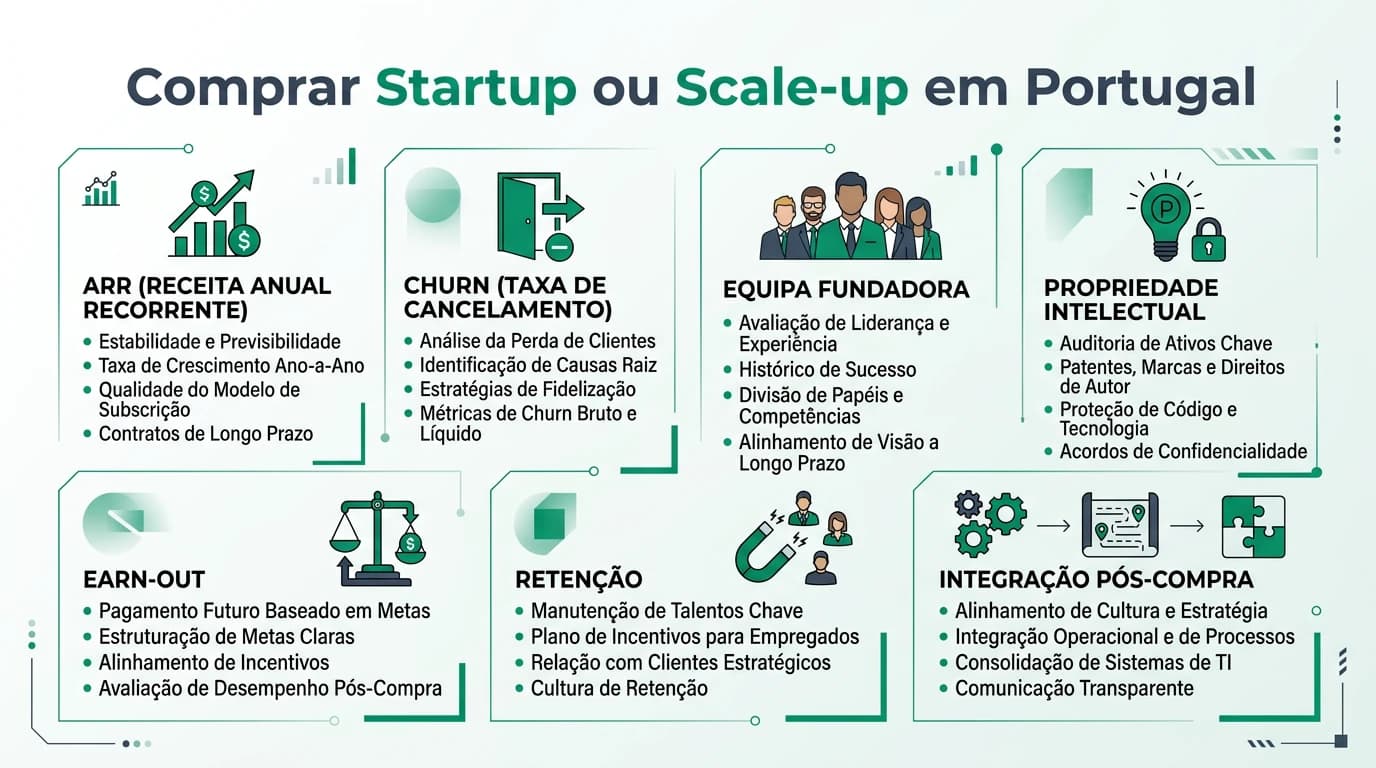 Infográfico 16:9 sobre aquisição de startup ou scale-up em Portugal, com métricas de ARR, churn, equipa fundadora, IP, estrutura de earn-out e retenção pós-aquisição.