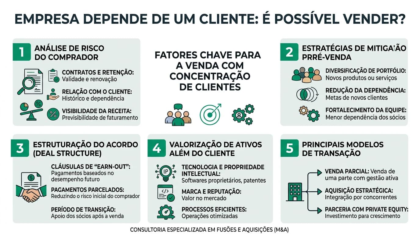 Infográfico sobre venda de empresa com concentração de clientes.