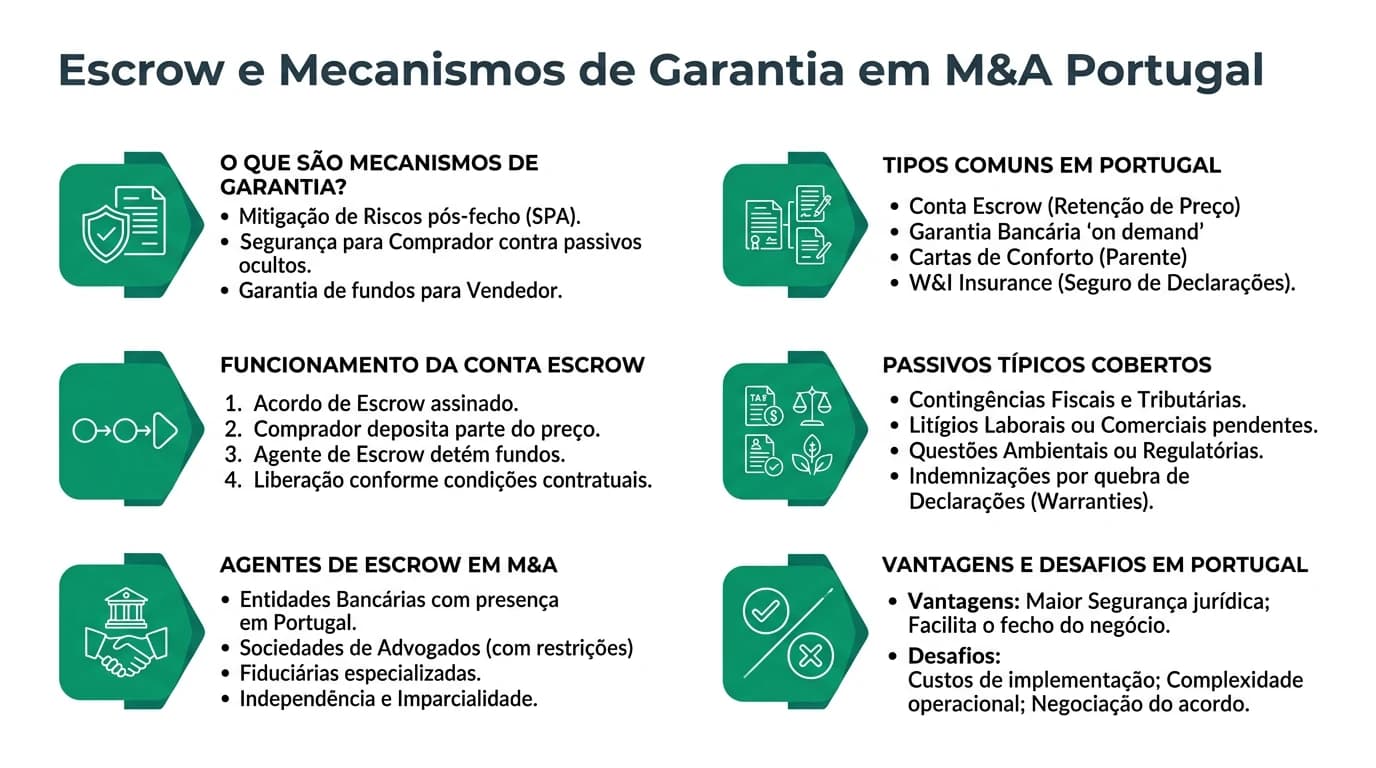 Infográfico sobre escrow e mecanismos de garantia em M&A: retenções, contas bloqueadas e liberação em Portugal.