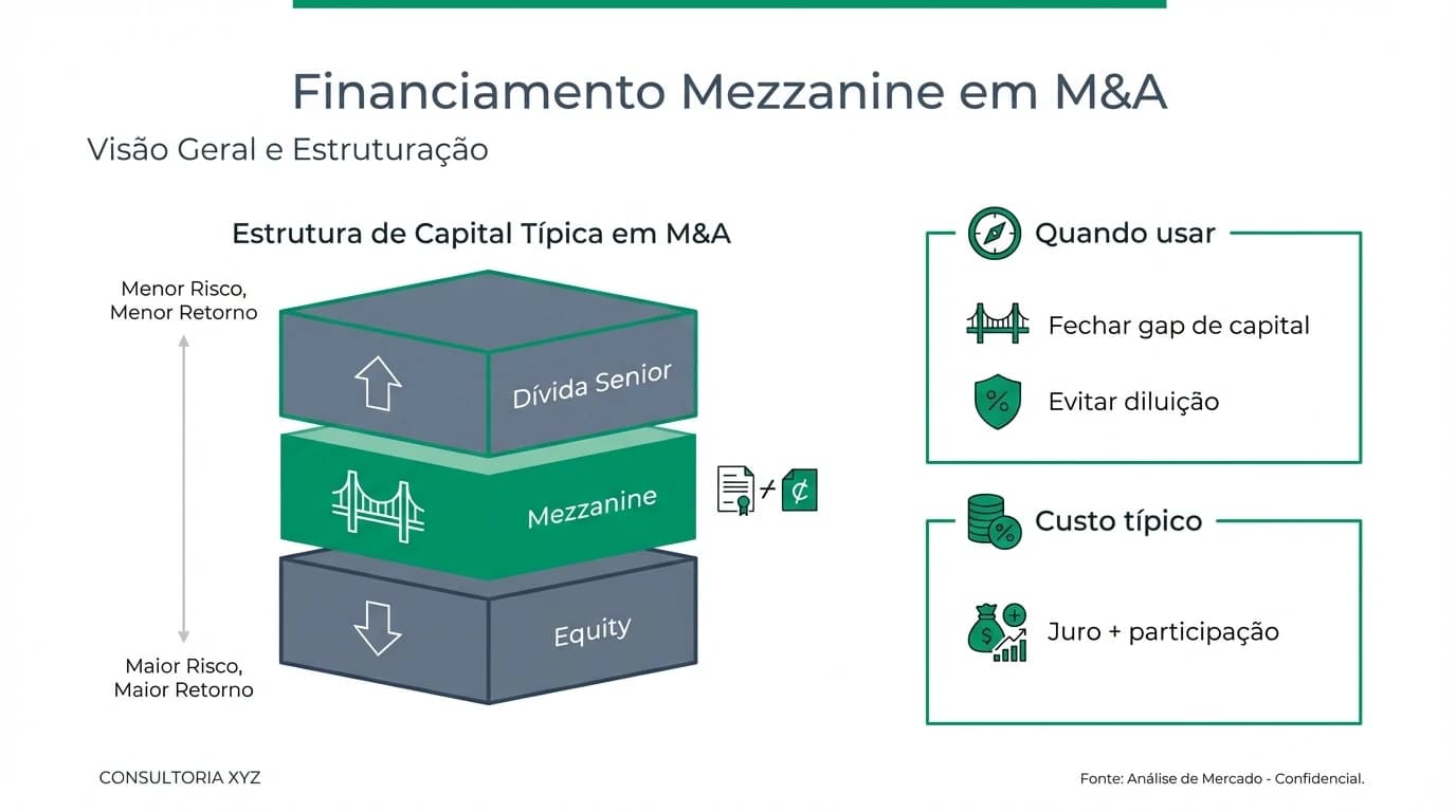 Infográfico com a estrutura de capital e posição do mezzanine entre dívida senior e equity, com casos de uso e custo típico.