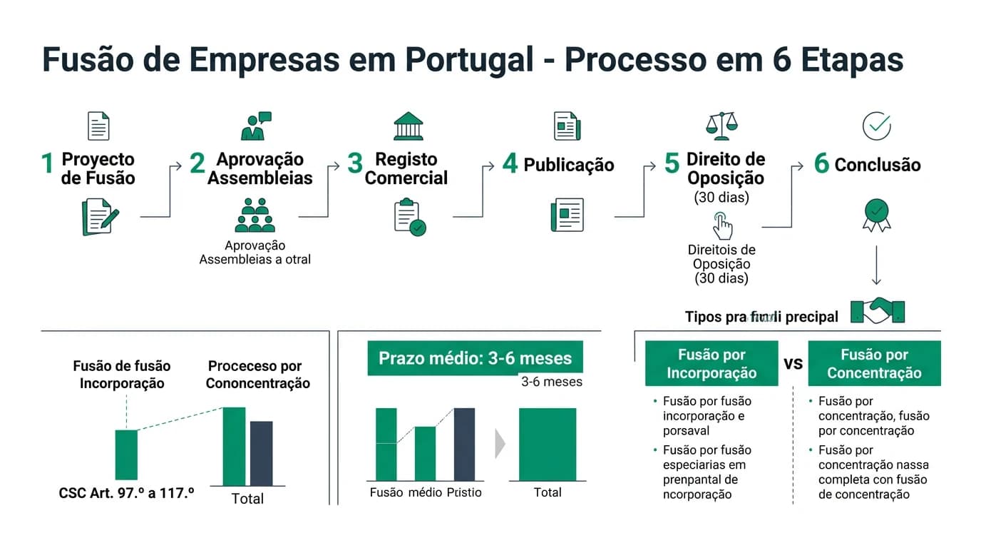 Infográfico 16:9 sobre fusão de empresas em Portugal com fluxo do processo em 8 etapas, tipos de fusão (incorporação vs. concentração), prazos legais, regime fiscal e proteção dos trabalhadores conforme o CSC