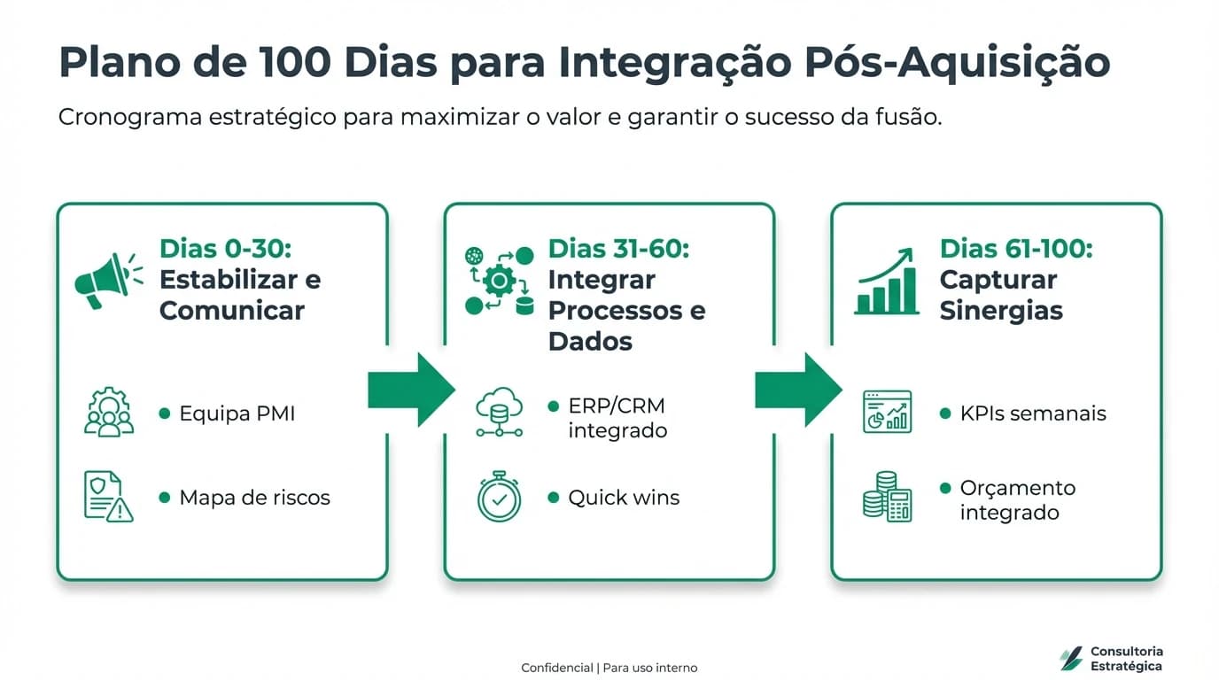 Infográfico profissional do plano de 100 dias de integração pós-aquisição, com fases sequenciais, equipas responsáveis e KPIs para PMEs em Portugal.