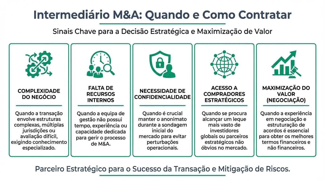 Infográfico sobre quando contratar intermediário M&A: critérios, comissões, mandato e processo de seleção em Portugal.