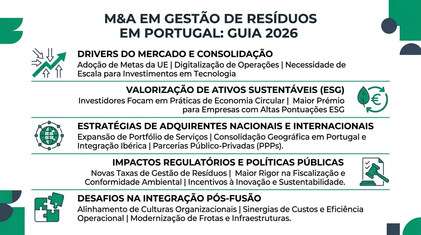 Infográfico sobre M&A em gestão de resíduos em Portugal: licenças, ESG, valorização e due diligence ambiental.