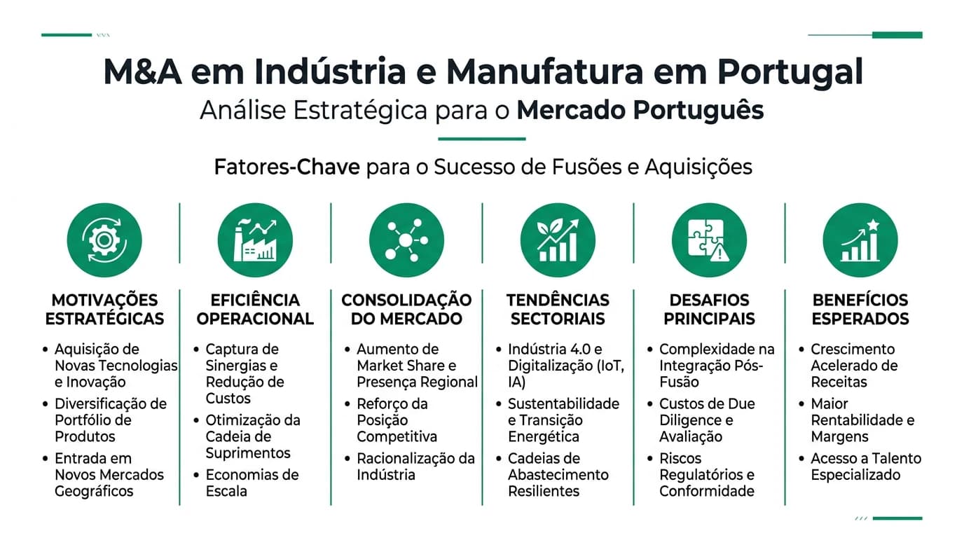 Infográfico sobre M&A em indústria e manufatura: equipamento, instalações e due diligence em Portugal.