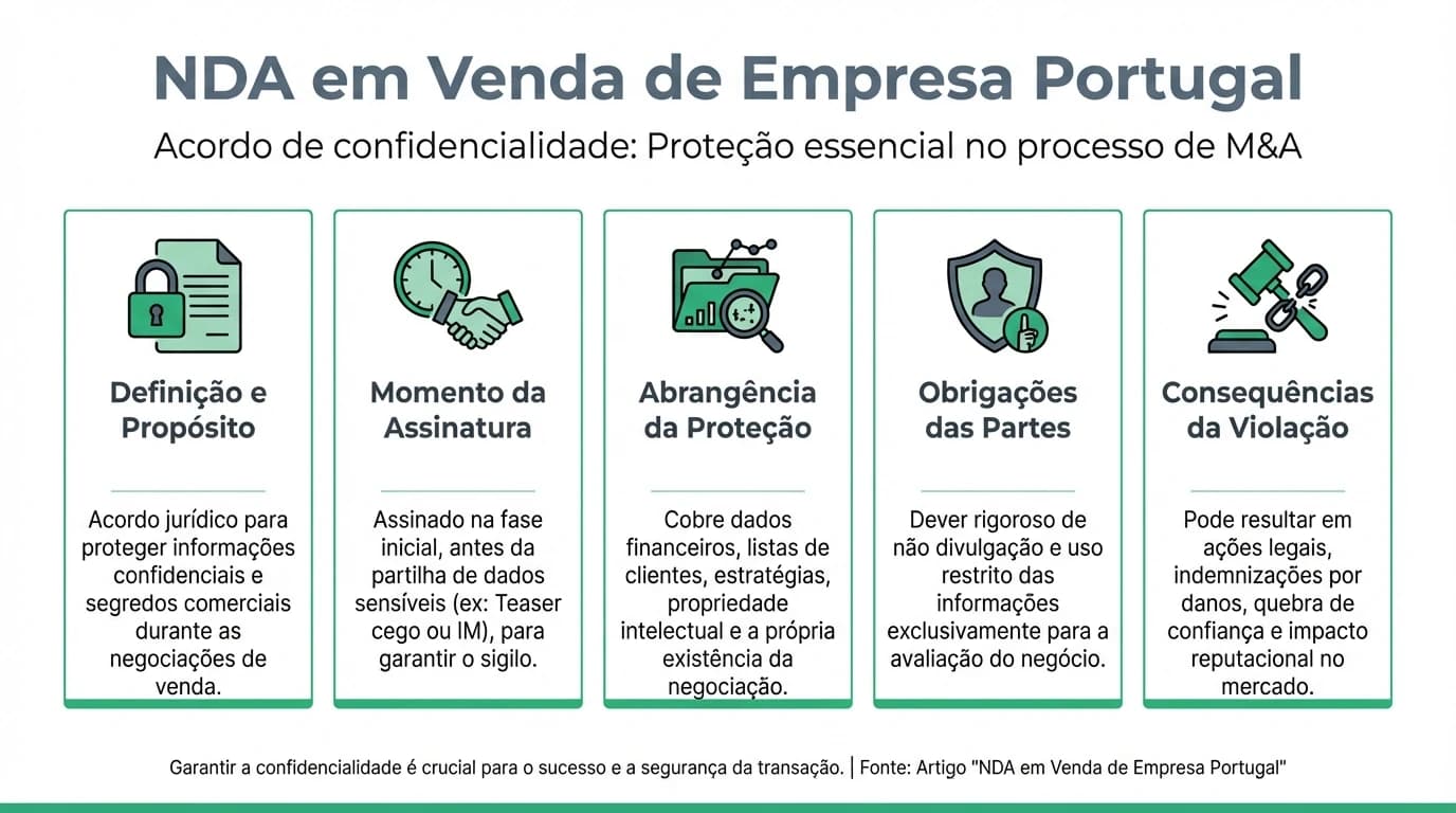 Infográfico sobre NDA em venda de empresa: elementos essenciais, unilateral vs bilateral, prazos e exceções em Portugal.