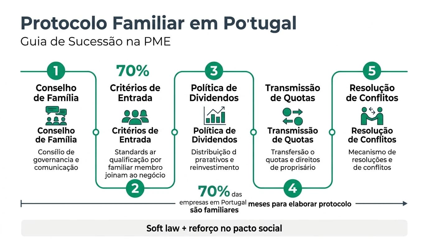 Infográfico em português sobre protocolo familiar em Portugal: cinco pilares de governança familiar (conselho de família, critérios de entrada, dividendos, transmissão de quotas e resolução de conflitos), estatística de 70% de empresas familiares e timeline de 12 a 24 meses para elaboração do protocolo em PME.