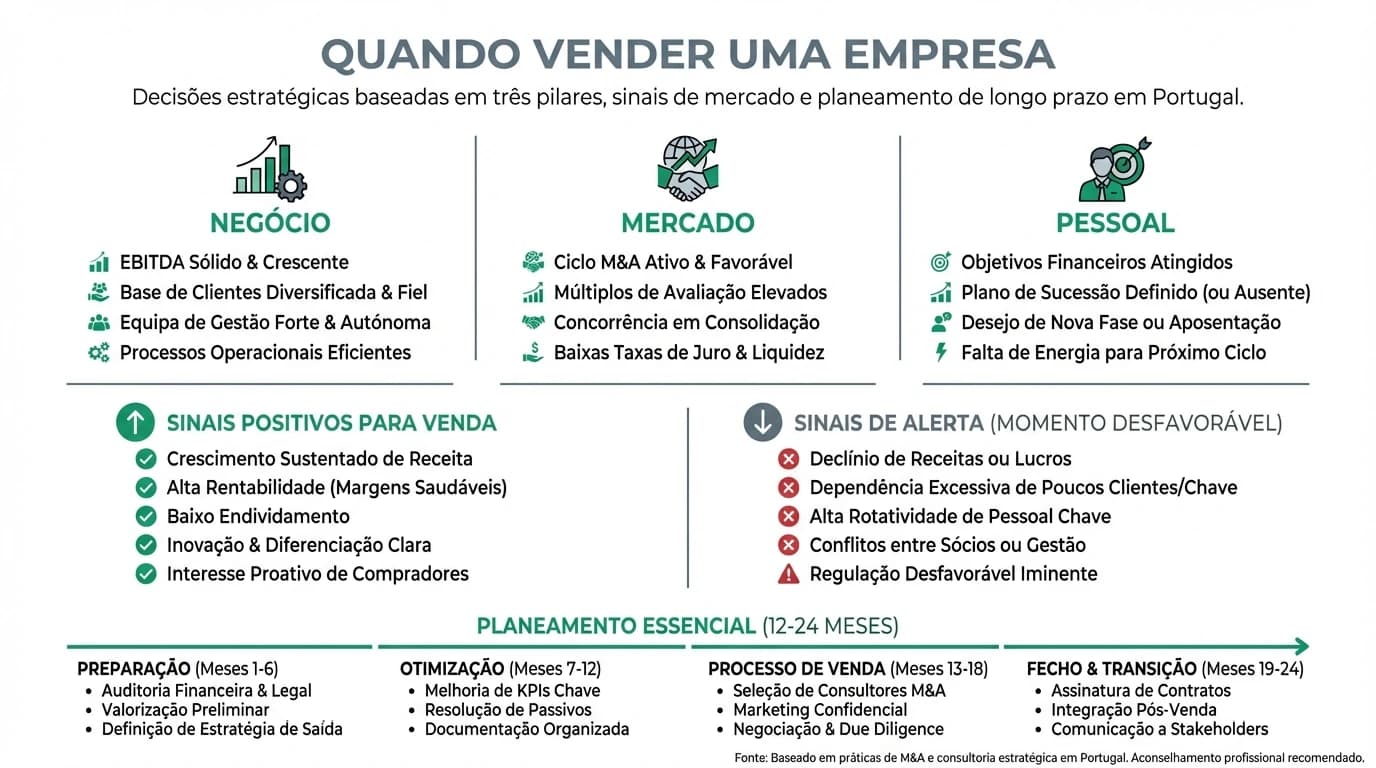 Infográfico com os sinais de timing para vender uma empresa: sinais do negócio (crescimento, EBITDA, diversificação), condições de mercado e fatores pessoais, com checklist de decisão.