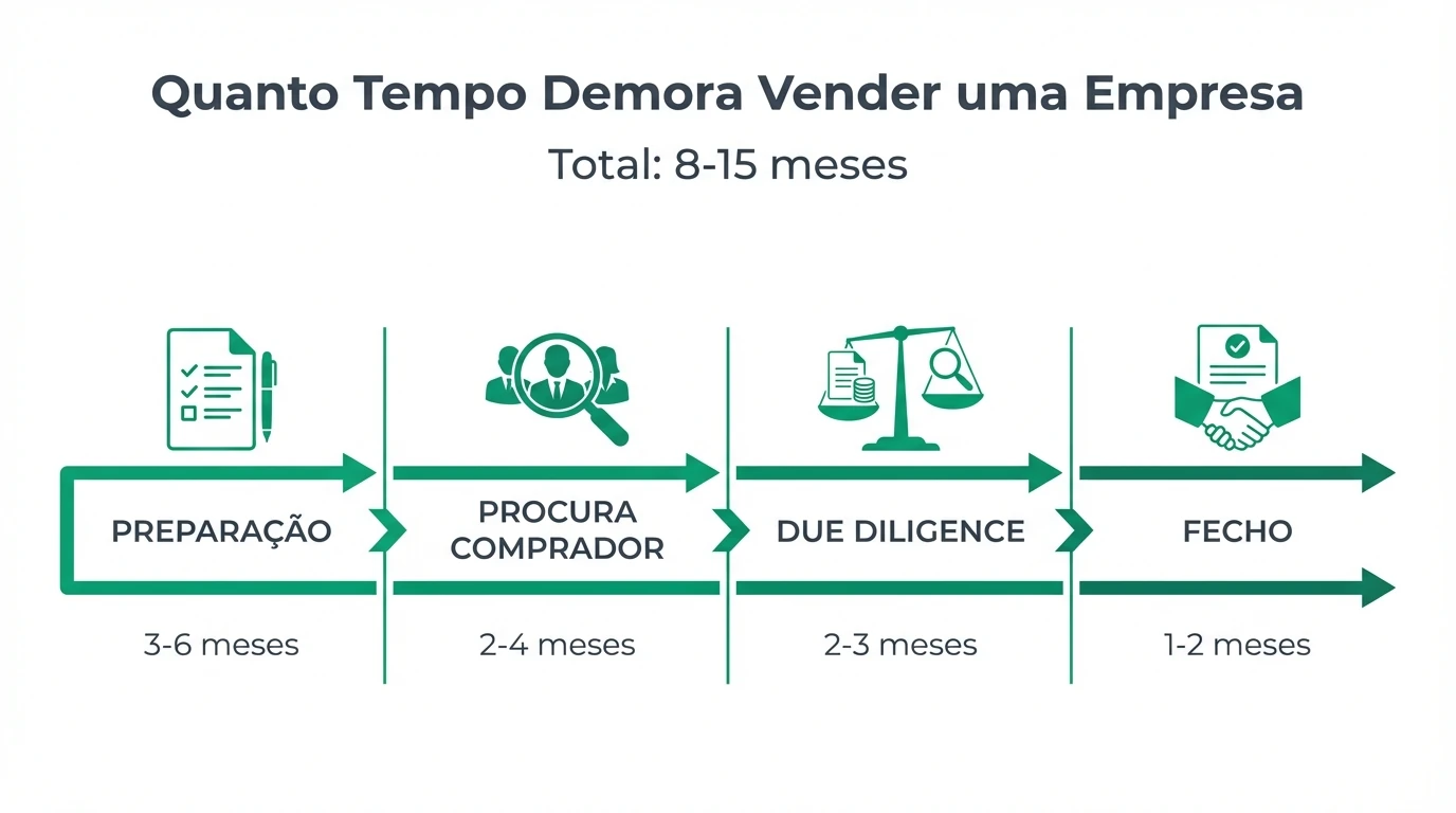 Infográfico com a timeline típica de venda de empresa em Portugal: preparação 3-6 meses, procura comprador 2-4 meses, due diligence 2-3 meses, fecho 1-2 meses, total 8-15 meses.