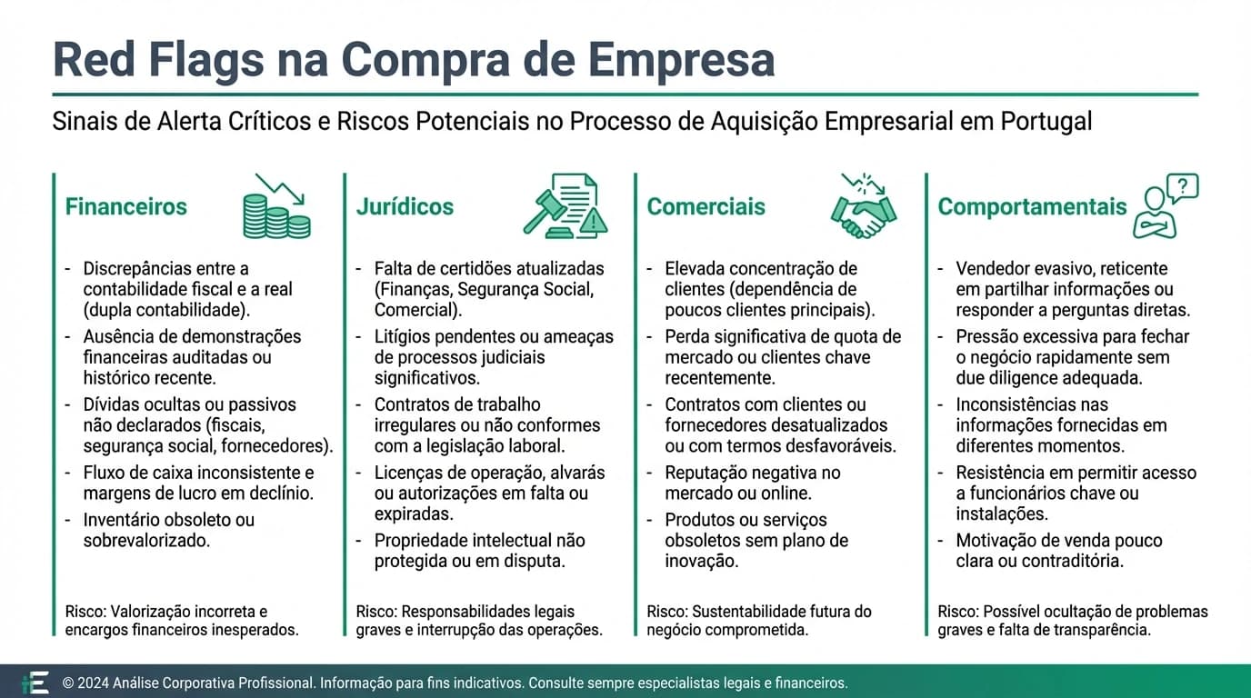 Infográfico com as categorias de red flags na compra de empresa: financeiros, jurídicos, comerciais e comportamentais, com exemplos e ações recomendadas.