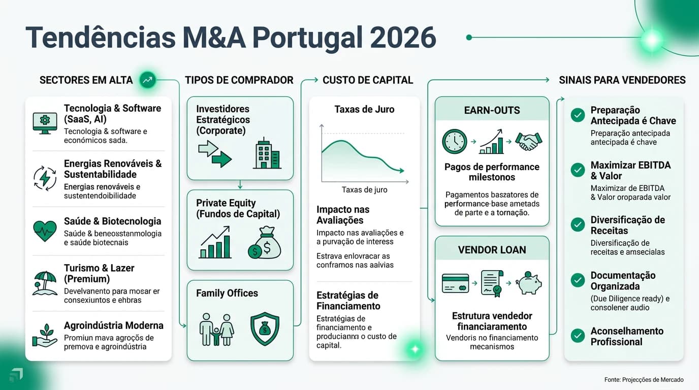 Infográfico 16:9 sobre tendências de M&A em Portugal em 2026, com setores mais ativos, perfil dos compradores, termos de deal, custo de capital e sinais para vendedores.