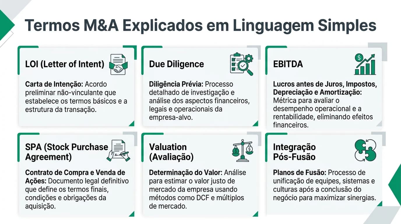 Infográfico com os termos M&A mais usados.