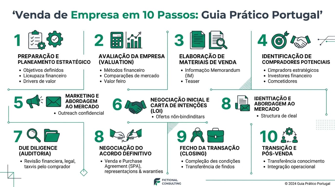 Infográfico com os 10 passos da venda de empresa em Portugal.