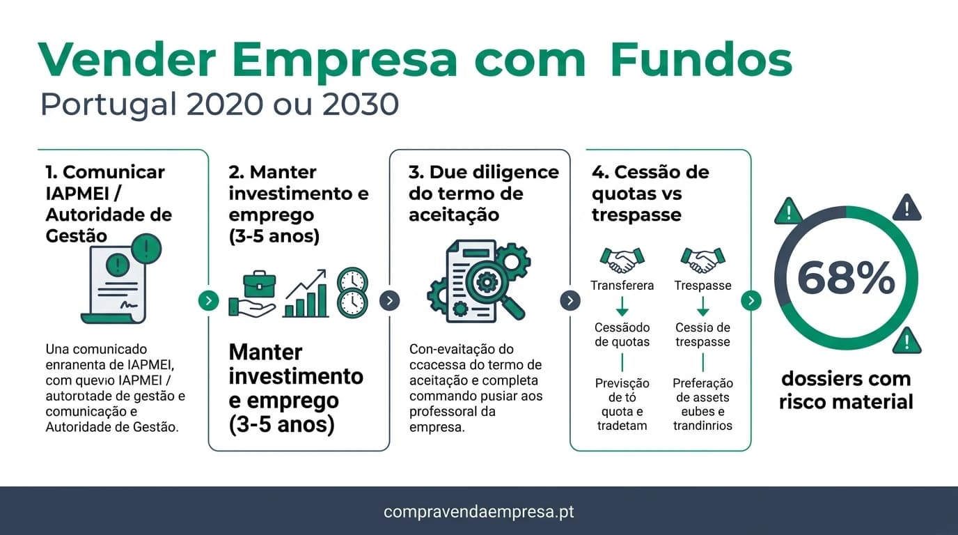 Infográfico em português sobre venda de empresa com fundos Portugal 2020 ou 2030: comunicação ao IAPMEI, manutenção de investimento, due diligence de incentivos e estruturas de transmissão sem devolução de apoios.