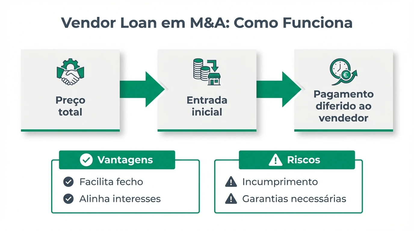 Infográfico que explica como funciona um vendor loan em M&A em Portugal, mostrando o preço total da transação, entrada no fecho, pagamento diferido ao vendedor, taxa de juro e posição subordinada face à dívida bancária.